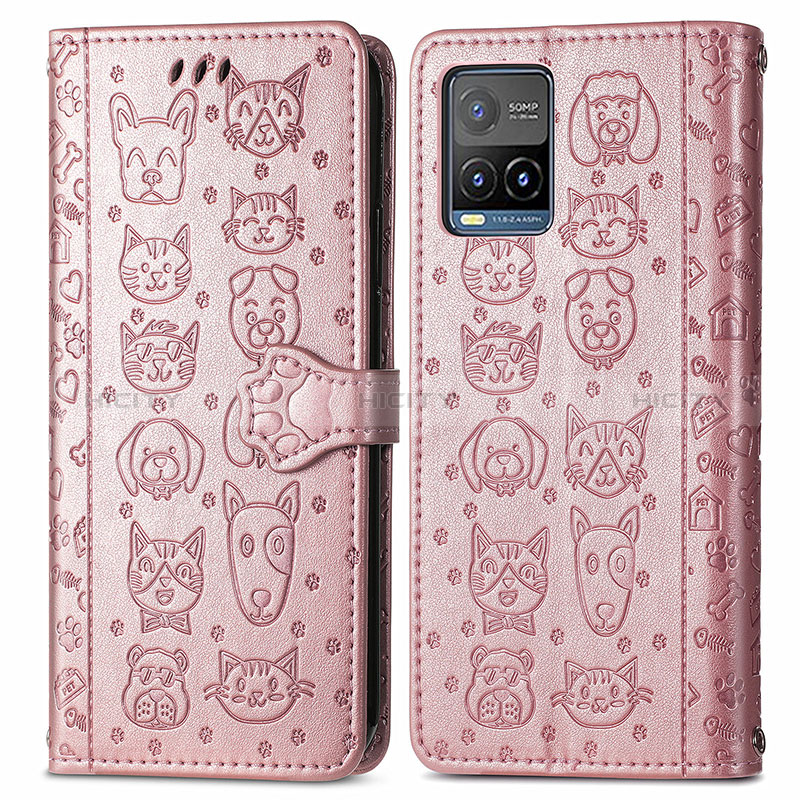 Coque Portefeuille Motif Fantaisie Livre Cuir Etui Clapet S03D pour Vivo Y21 Or Rose Plus