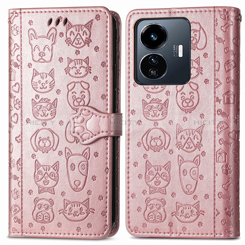 Coque Portefeuille Motif Fantaisie Livre Cuir Etui Clapet S03D pour Vivo Y77 5G Or Rose Plus