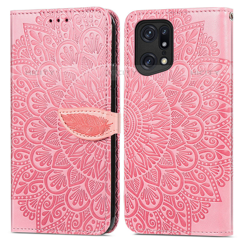 Coque Portefeuille Motif Fantaisie Livre Cuir Etui Clapet S04D pour Oppo Find X5 Pro 5G Or Rose Plus