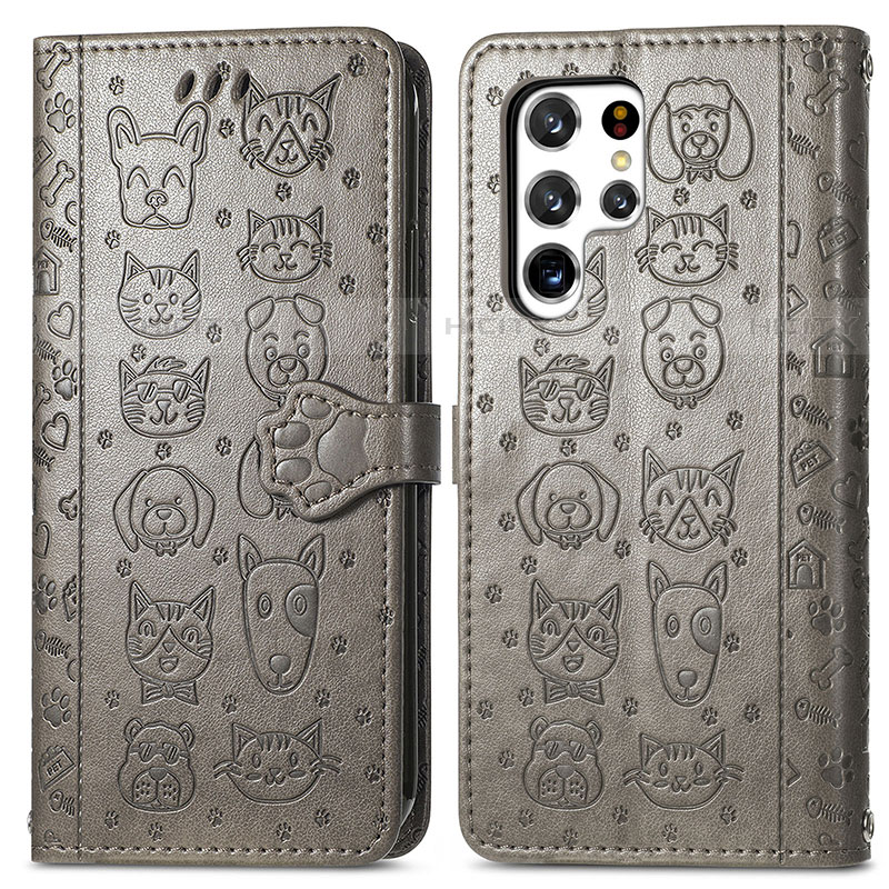 Coque Portefeuille Motif Fantaisie Livre Cuir Etui Clapet S05D pour Samsung Galaxy S22 Ultra 5G Gris Plus