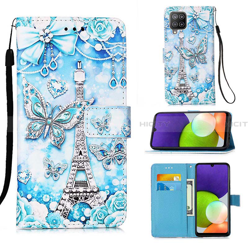 Coque Portefeuille Motif Fantaisie Livre Cuir Etui Clapet Y02B pour Samsung Galaxy A22 4G Bleu Clair Plus