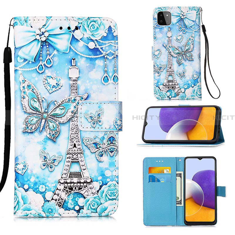 Coque Portefeuille Motif Fantaisie Livre Cuir Etui Clapet Y02B pour Samsung Galaxy A22 5G Bleu Clair Plus