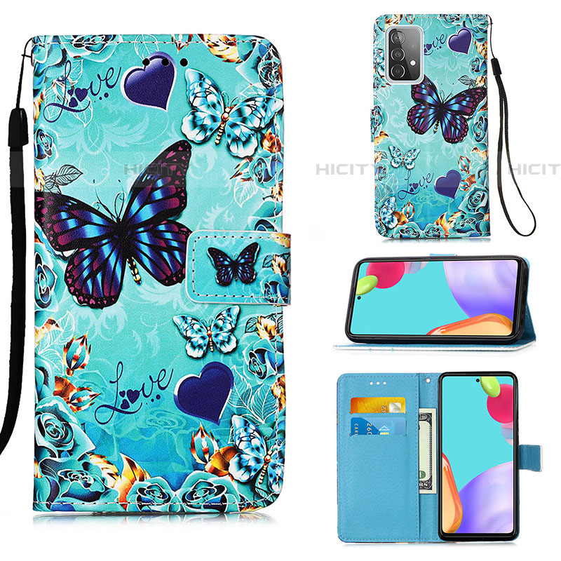 Coque Portefeuille Motif Fantaisie Livre Cuir Etui Clapet Y02B pour Samsung Galaxy A52 5G Bleu Ciel Plus