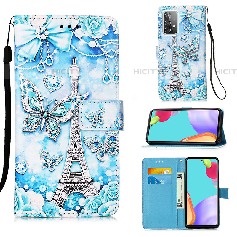 Coque Portefeuille Motif Fantaisie Livre Cuir Etui Clapet Y02B pour Samsung Galaxy A52 5G Bleu Clair Plus