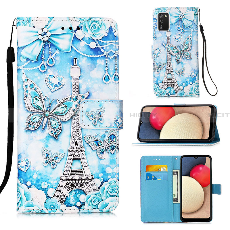 Coque Portefeuille Motif Fantaisie Livre Cuir Etui Clapet Y02B pour Samsung Galaxy F02S SM-E025F Bleu Clair Plus