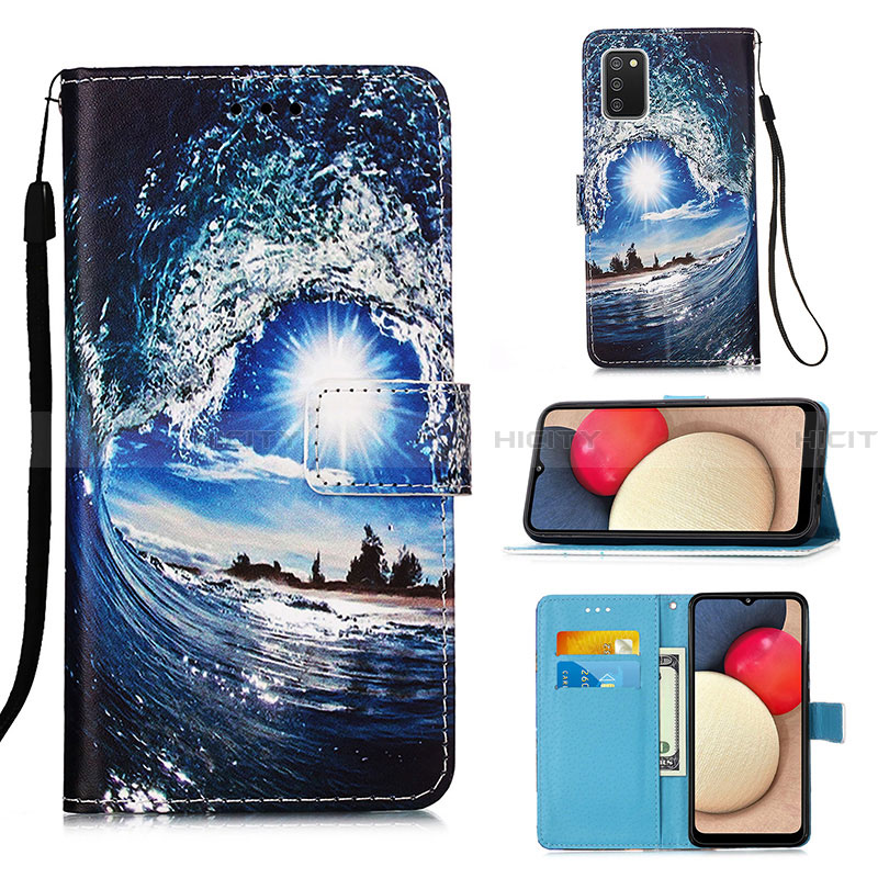 Coque Portefeuille Motif Fantaisie Livre Cuir Etui Clapet Y02B pour Samsung Galaxy F02S SM-E025F Bleu Royal Plus