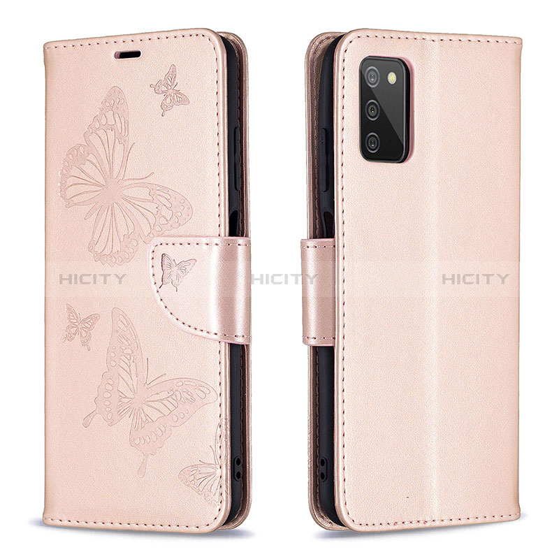 Coque Portefeuille Papillon Livre Cuir Etui Clapet B01F pour Samsung Galaxy A02s Or Rose Plus
