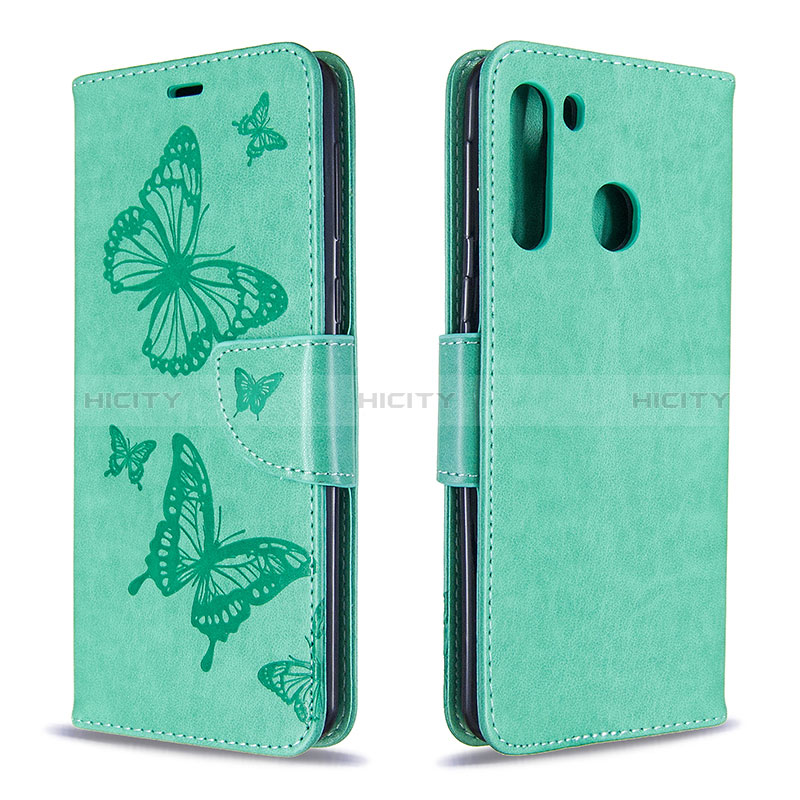 Coque Portefeuille Papillon Livre Cuir Etui Clapet B01F pour Samsung Galaxy A21 Vert Plus