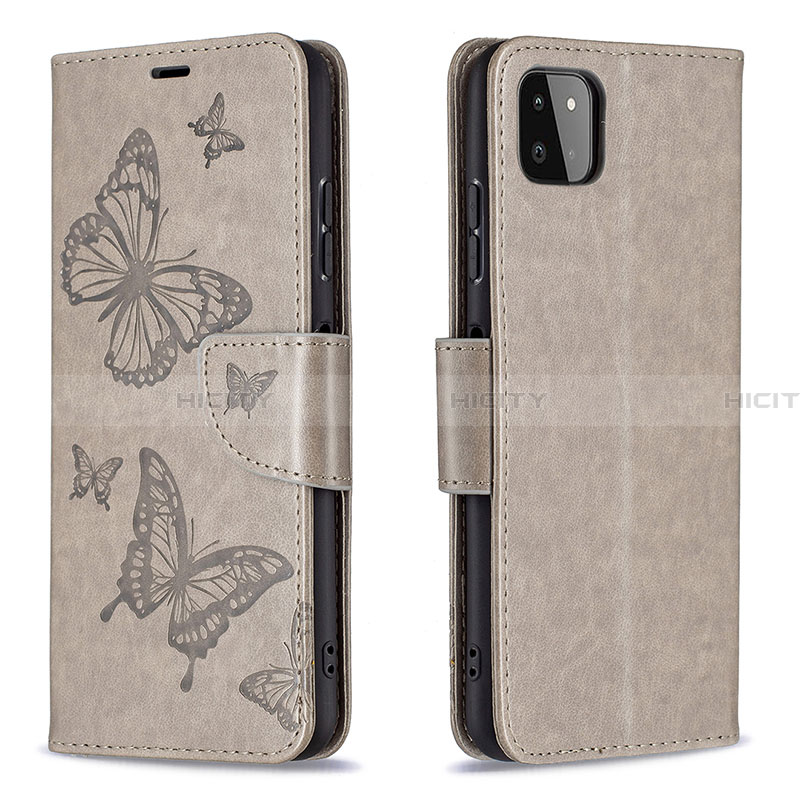 Coque Portefeuille Papillon Livre Cuir Etui Clapet B01F pour Samsung Galaxy A22 5G Gris Plus
