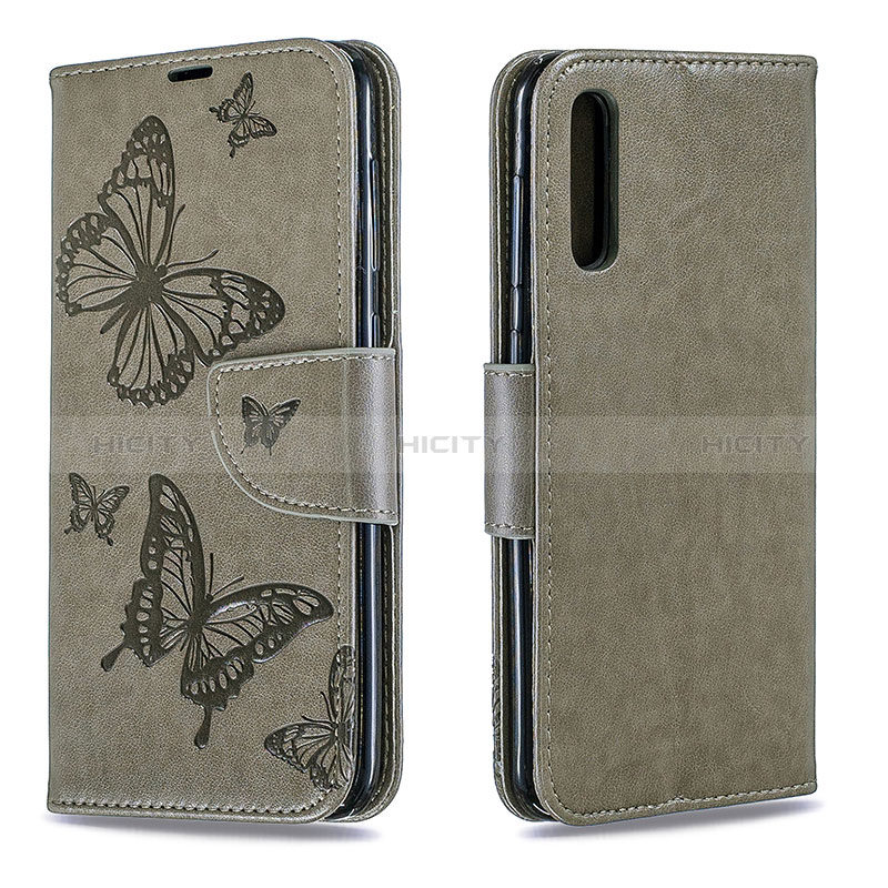 Coque Portefeuille Papillon Livre Cuir Etui Clapet B01F pour Samsung Galaxy A50 Gris Plus