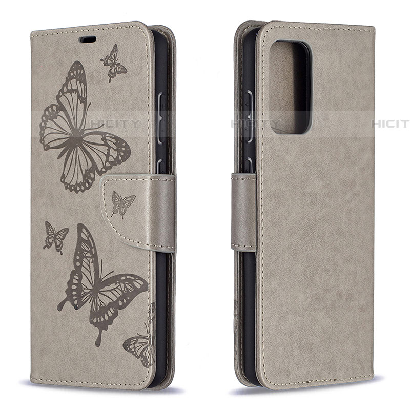 Coque Portefeuille Papillon Livre Cuir Etui Clapet B01F pour Samsung Galaxy A72 4G Gris Plus