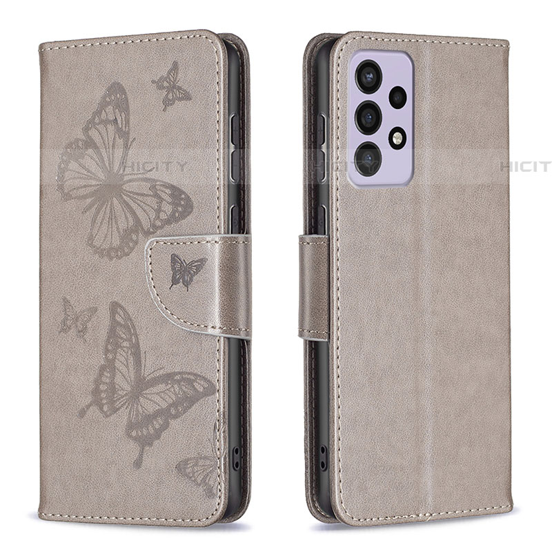 Coque Portefeuille Papillon Livre Cuir Etui Clapet B01F pour Samsung Galaxy A73 5G Gris Plus