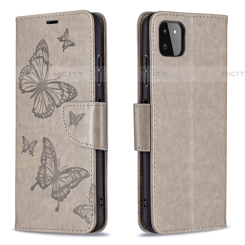 Coque Portefeuille Papillon Livre Cuir Etui Clapet B01F pour Samsung Galaxy F42 5G Gris Plus