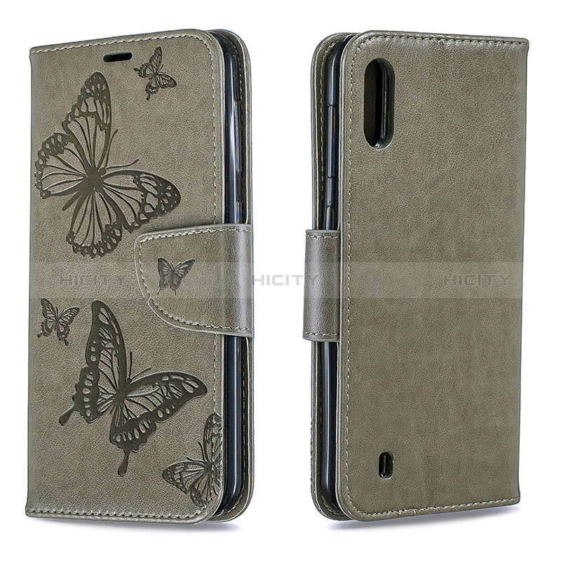 Coque Portefeuille Papillon Livre Cuir Etui Clapet B01F pour Samsung Galaxy M10 Gris Plus