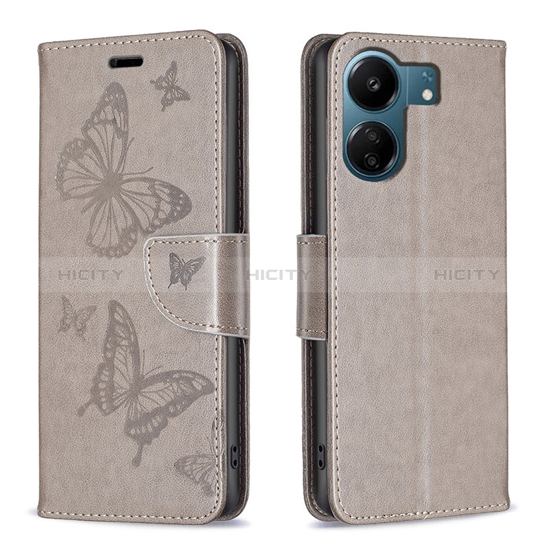 Coque Portefeuille Papillon Livre Cuir Etui Clapet B01F pour Xiaomi Poco C65 Gris Plus