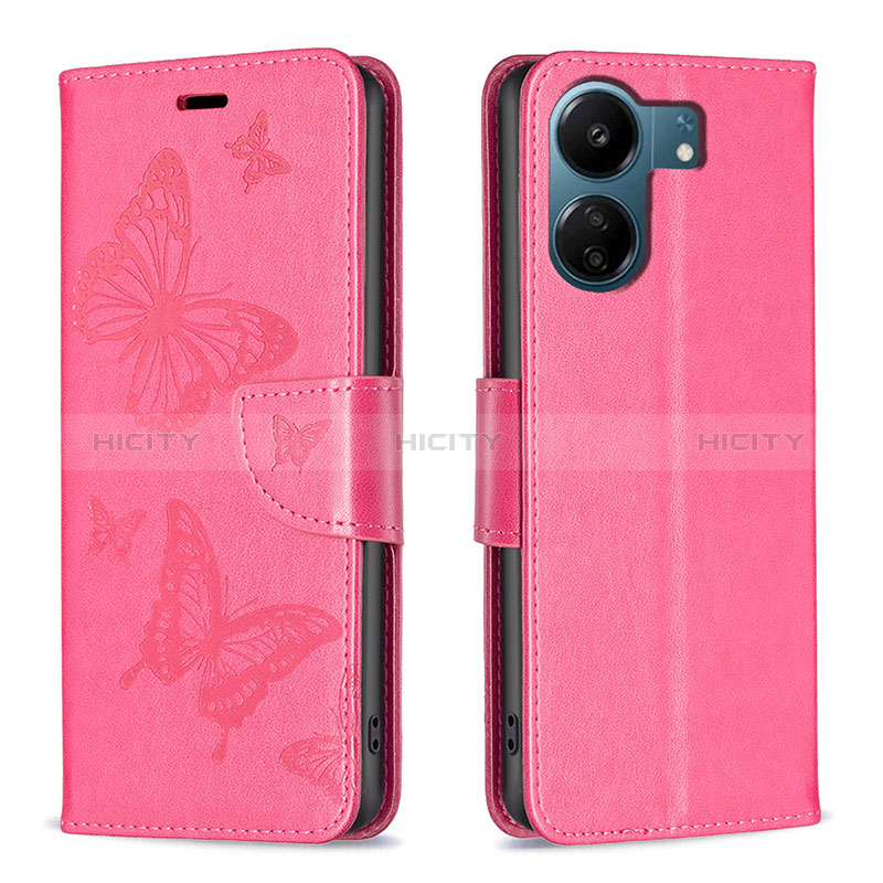 Coque Portefeuille Papillon Livre Cuir Etui Clapet B01F pour Xiaomi Poco C65 Rose Rouge Plus