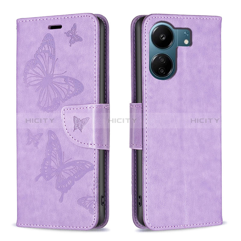 Coque Portefeuille Papillon Livre Cuir Etui Clapet B01F pour Xiaomi Poco C65 Violet Clair Plus