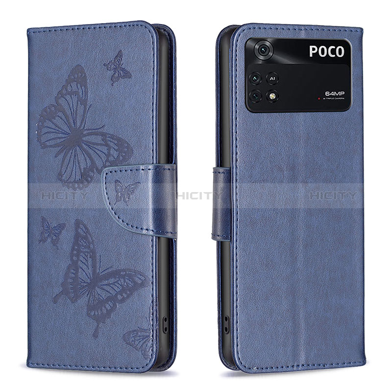 Coque Portefeuille Papillon Livre Cuir Etui Clapet B01F pour Xiaomi Poco M4 Pro 4G Bleu Plus