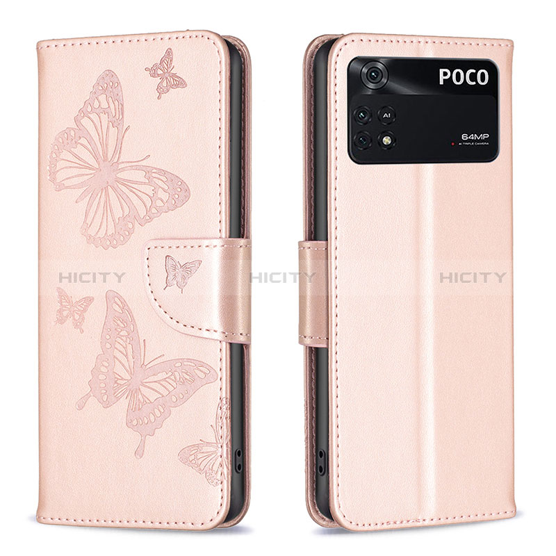 Coque Portefeuille Papillon Livre Cuir Etui Clapet B01F pour Xiaomi Poco M4 Pro 4G Or Rose Plus