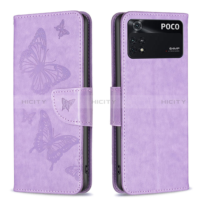 Coque Portefeuille Papillon Livre Cuir Etui Clapet B01F pour Xiaomi Poco M4 Pro 4G Violet Clair Plus