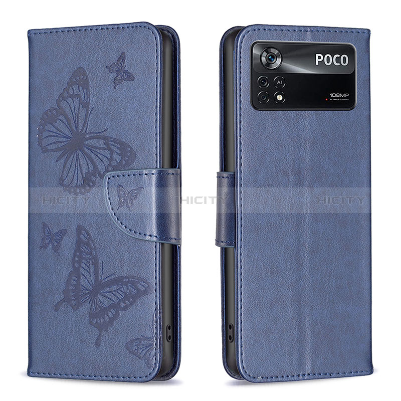 Coque Portefeuille Papillon Livre Cuir Etui Clapet B01F pour Xiaomi Poco X4 Pro 5G Bleu Plus