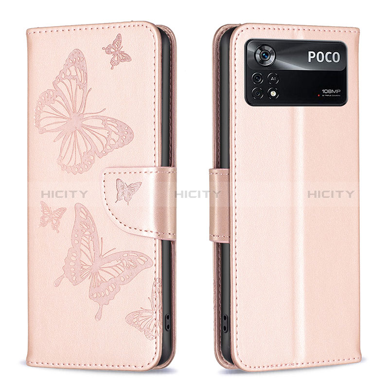 Coque Portefeuille Papillon Livre Cuir Etui Clapet B01F pour Xiaomi Poco X4 Pro 5G Or Rose Plus