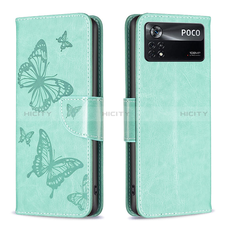 Coque Portefeuille Papillon Livre Cuir Etui Clapet B01F pour Xiaomi Poco X4 Pro 5G Vert Plus