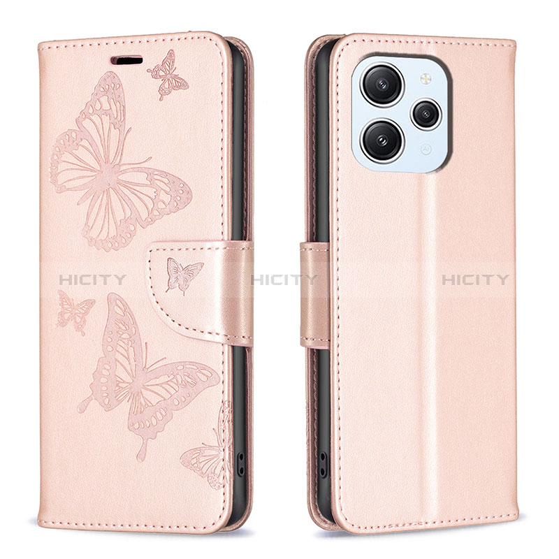 Coque Portefeuille Papillon Livre Cuir Etui Clapet B01F pour Xiaomi Redmi 12 4G Or Rose Plus