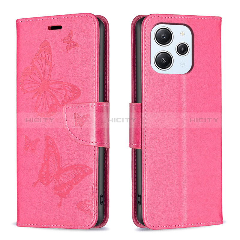 Coque Portefeuille Papillon Livre Cuir Etui Clapet B01F pour Xiaomi Redmi 12 4G Rose Rouge Plus