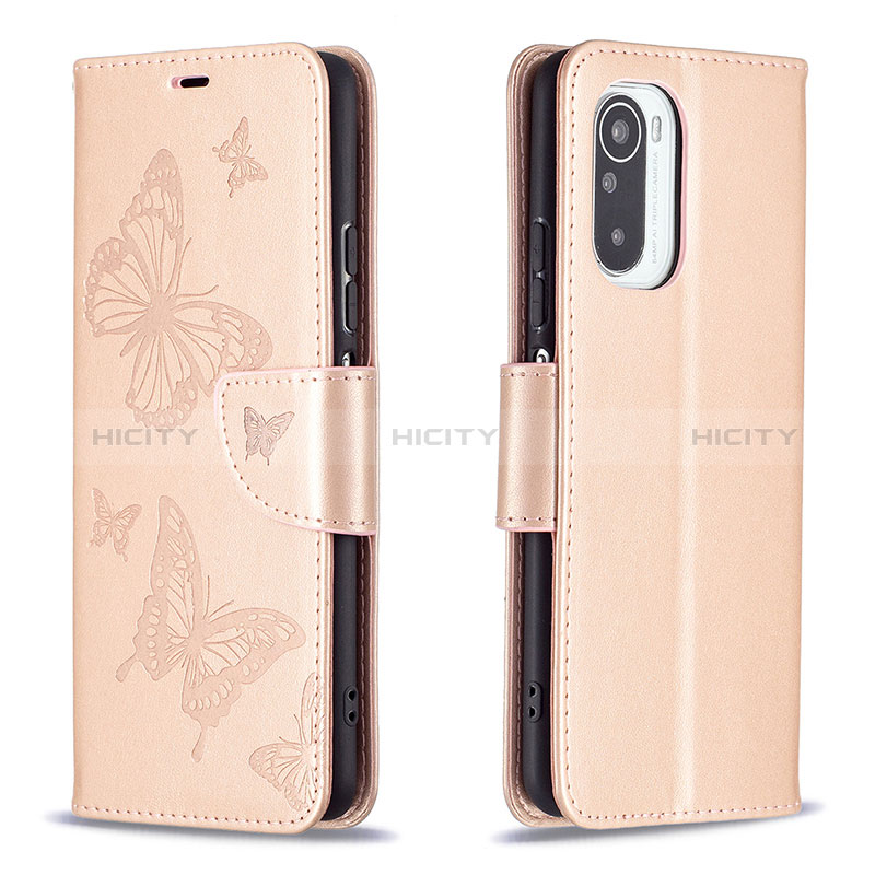 Coque Portefeuille Papillon Livre Cuir Etui Clapet B01F pour Xiaomi Redmi K40 5G Or Rose Plus