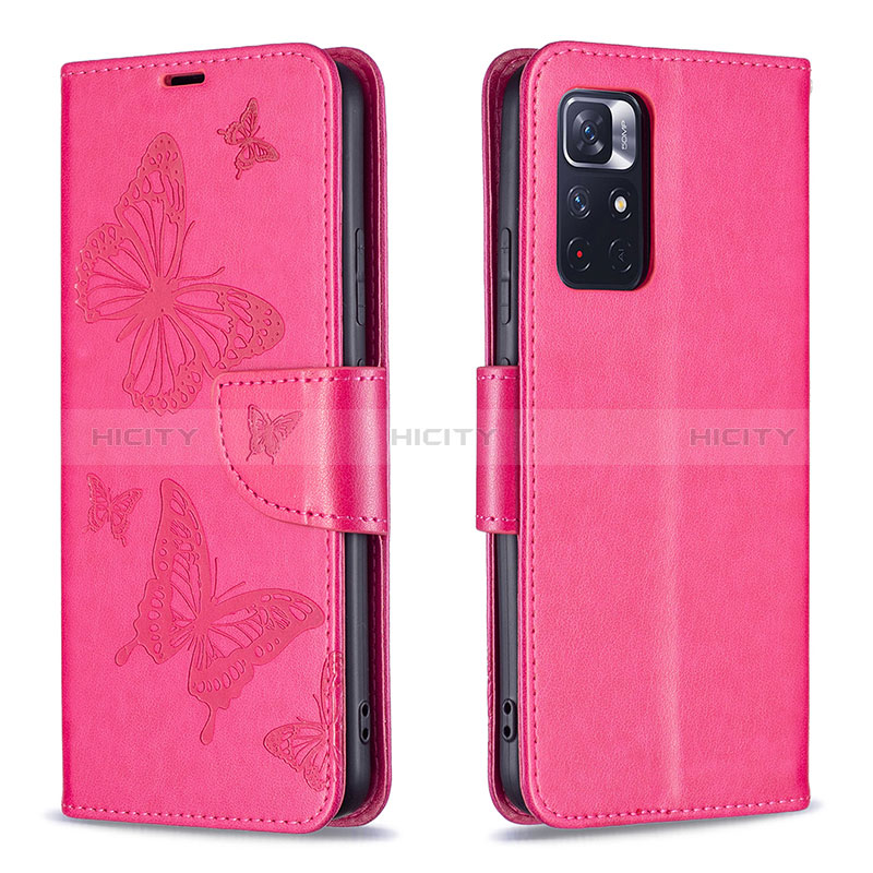 Coque Portefeuille Papillon Livre Cuir Etui Clapet B01F pour Xiaomi Redmi Note 11S 5G Rose Rouge Plus