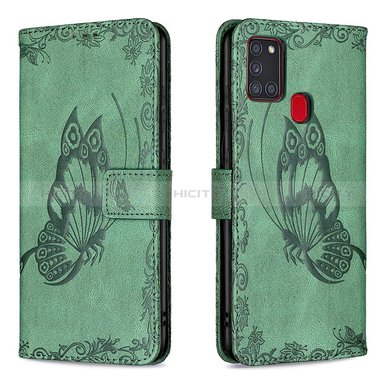 Coque Portefeuille Papillon Livre Cuir Etui Clapet B02F pour Samsung Galaxy A21s Vert Plus