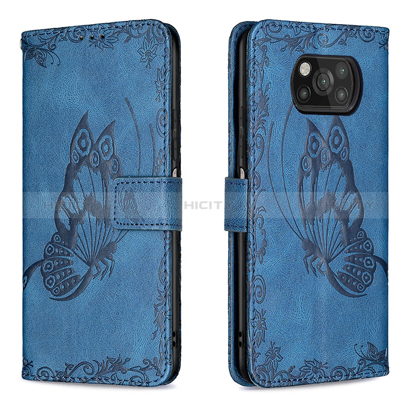 Coque Portefeuille Papillon Livre Cuir Etui Clapet B02F pour Xiaomi Poco X3 Pro Bleu Plus