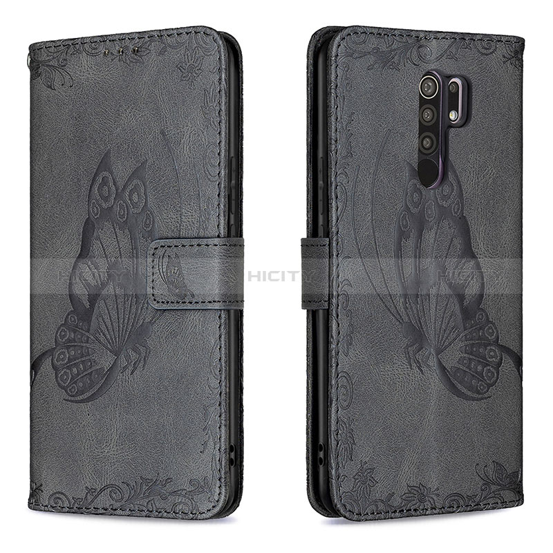 Coque Portefeuille Papillon Livre Cuir Etui Clapet B02F pour Xiaomi Redmi 9 Noir Plus