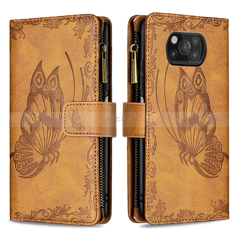 Coque Portefeuille Papillon Livre Cuir Etui Clapet B03F pour Xiaomi Poco X3 NFC Marron Plus