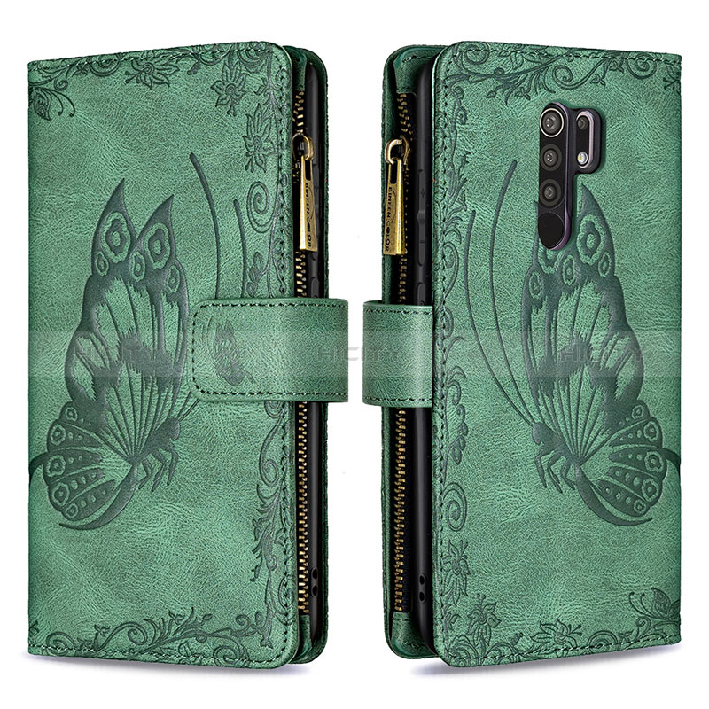 Coque Portefeuille Papillon Livre Cuir Etui Clapet B03F pour Xiaomi Redmi 9 Vert Plus