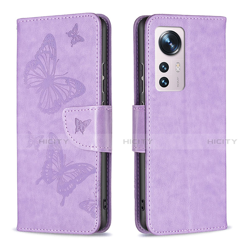 Coque Portefeuille Papillon Livre Cuir Etui Clapet B13F pour Xiaomi Mi 12 5G Violet Clair Plus