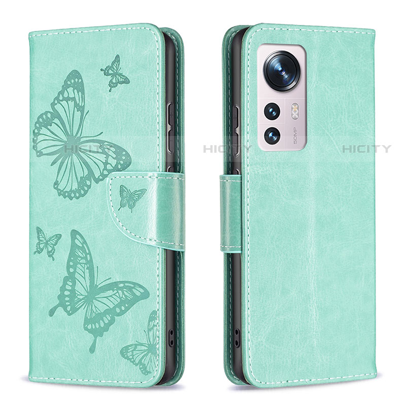 Coque Portefeuille Papillon Livre Cuir Etui Clapet B13F pour Xiaomi Mi 12 Pro 5G Vert Plus