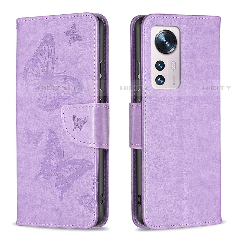 Coque Portefeuille Papillon Livre Cuir Etui Clapet B13F pour Xiaomi Mi 12S 5G Violet Clair Plus