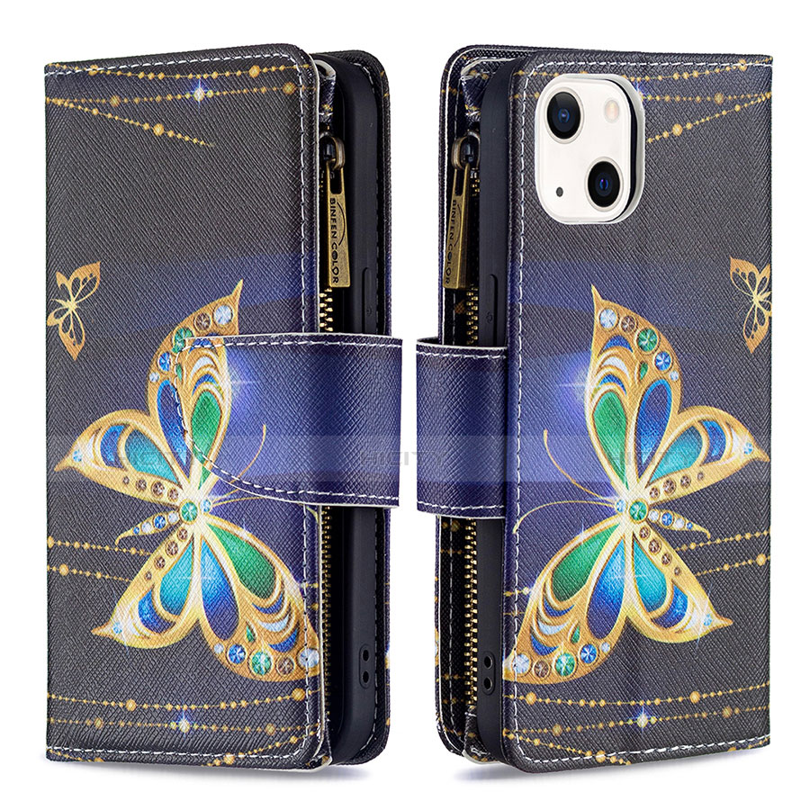 Coque Portefeuille Papillon Livre Cuir Etui Clapet L01 pour Apple iPhone 13 Noir Plus