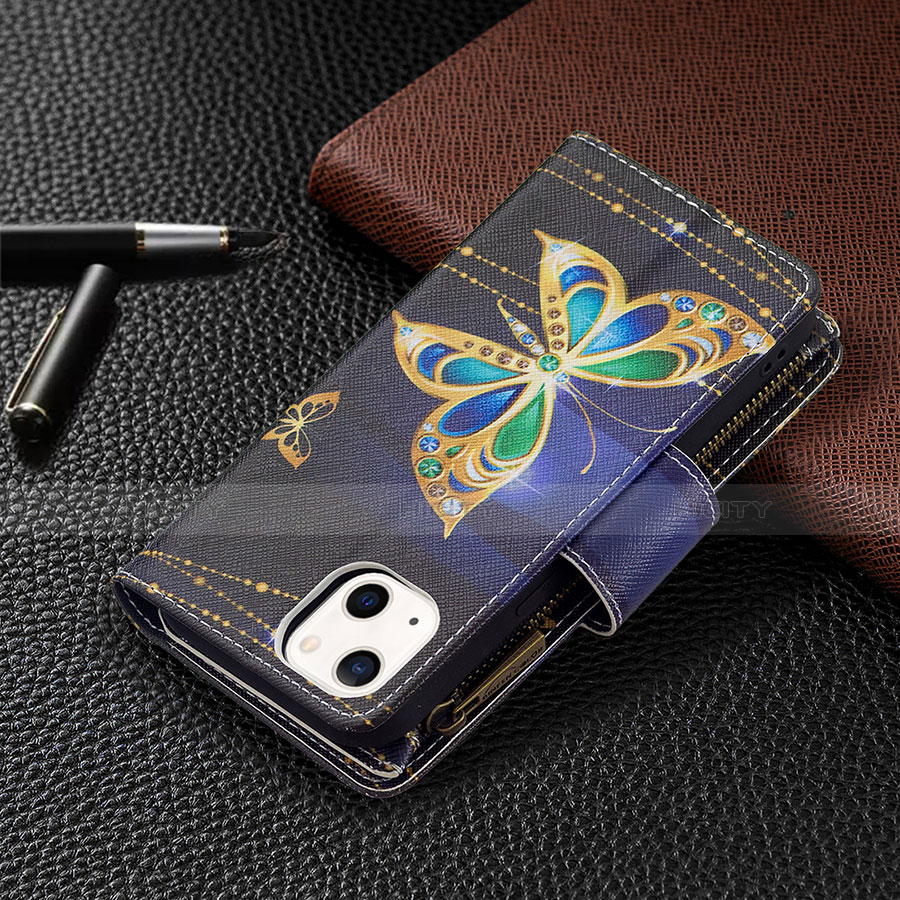 Coque Portefeuille Papillon Livre Cuir Etui Clapet L01 pour Apple iPhone 13 Noir Plus