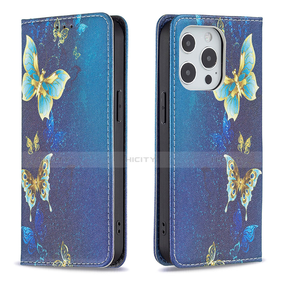 Coque Portefeuille Papillon Livre Cuir Etui Clapet L01 pour Apple iPhone 13 Pro Max Bleu Plus