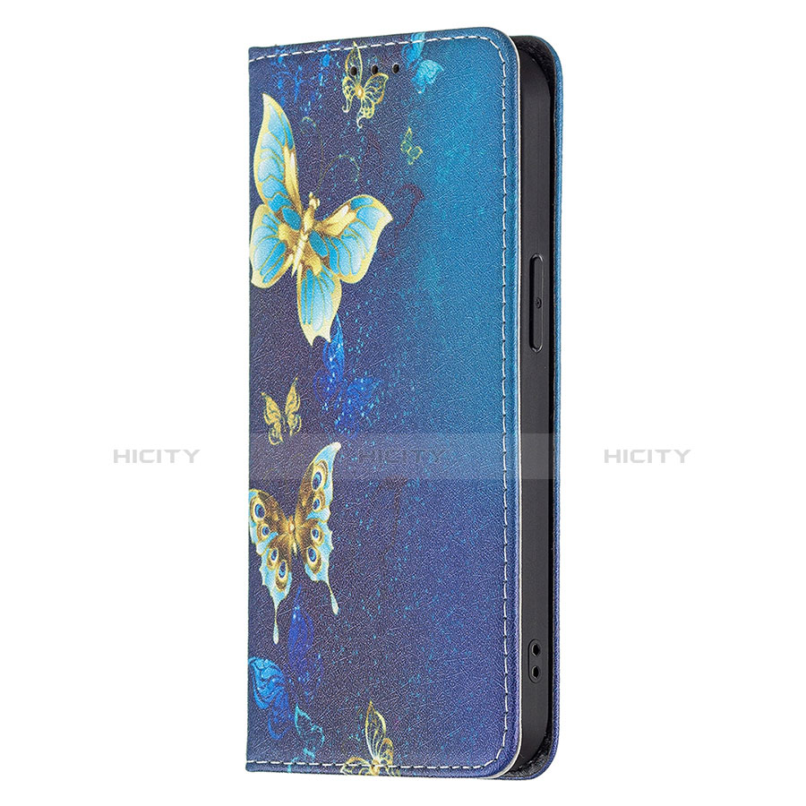 Coque Portefeuille Papillon Livre Cuir Etui Clapet L01 pour Apple iPhone 13 Pro Max Bleu Plus