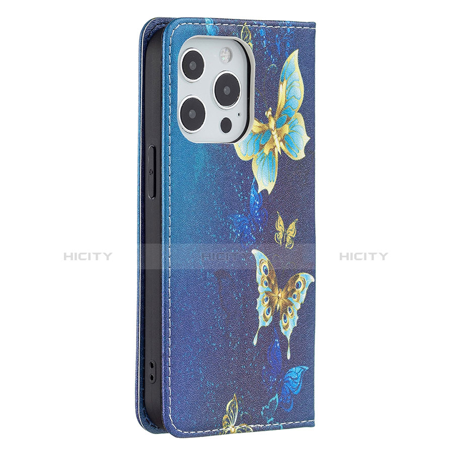 Coque Portefeuille Papillon Livre Cuir Etui Clapet L01 pour Apple iPhone 13 Pro Max Bleu Plus