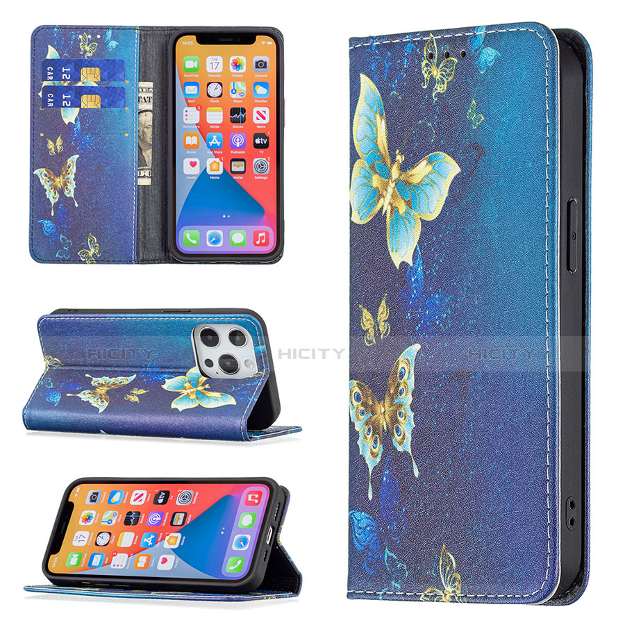 Coque Portefeuille Papillon Livre Cuir Etui Clapet L01 pour Apple iPhone 13 Pro Max Bleu Plus