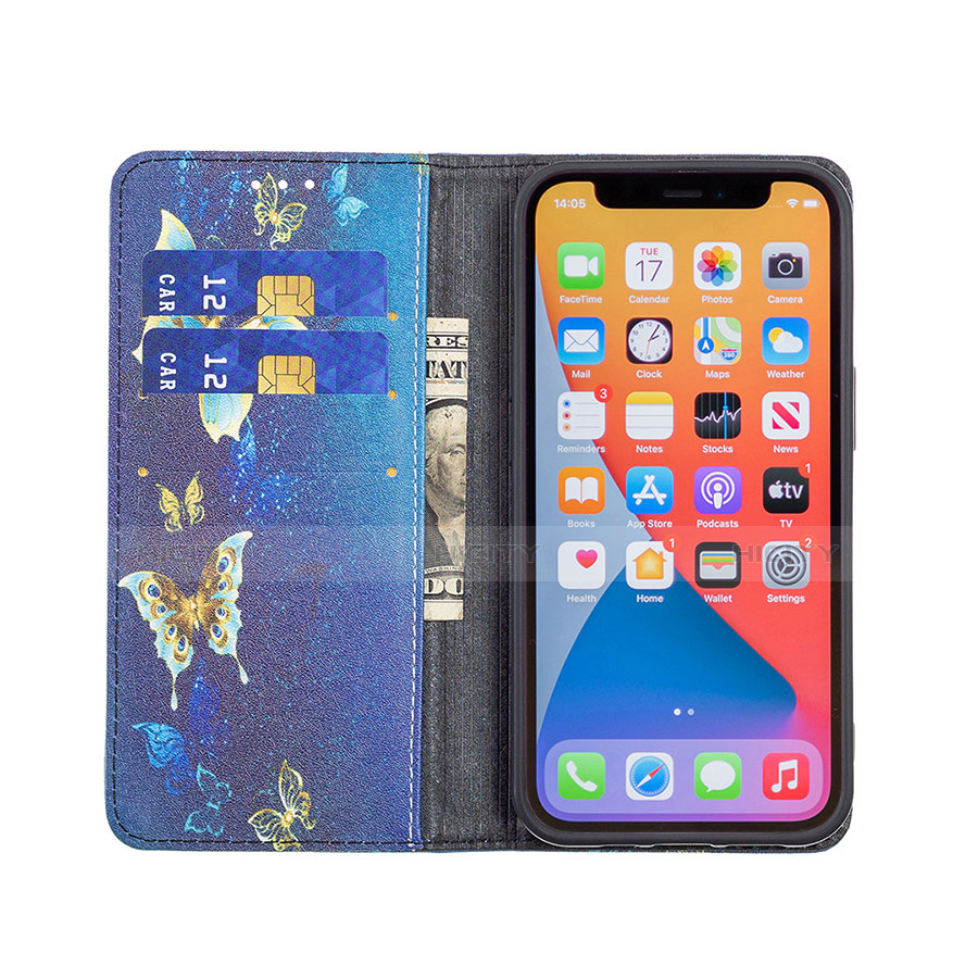 Coque Portefeuille Papillon Livre Cuir Etui Clapet L01 pour Apple iPhone 13 Pro Max Bleu Plus