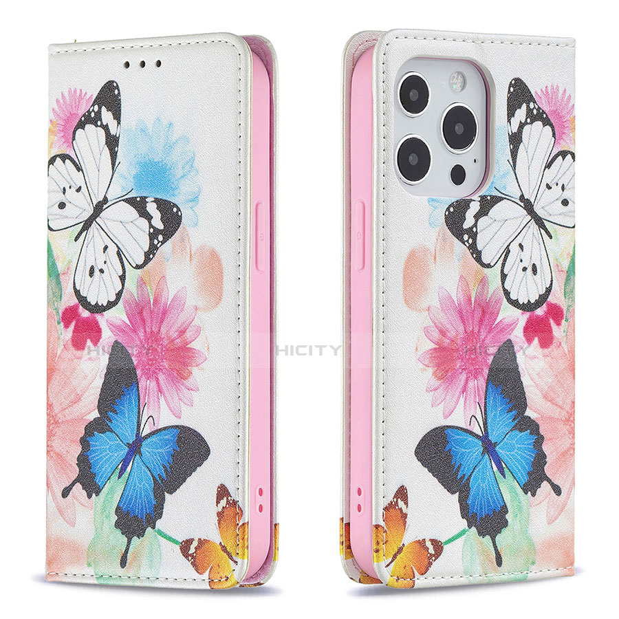 Coque Portefeuille Papillon Livre Cuir Etui Clapet L01 pour Apple iPhone 13 Pro Max Rose Plus