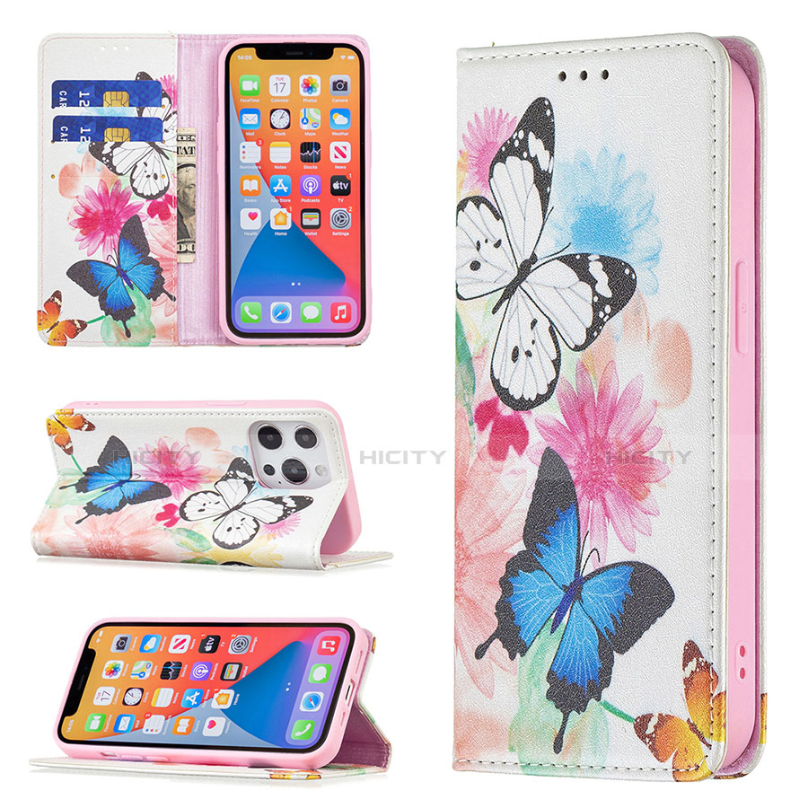 Coque Portefeuille Papillon Livre Cuir Etui Clapet L01 pour Apple iPhone 13 Pro Max Rose Plus