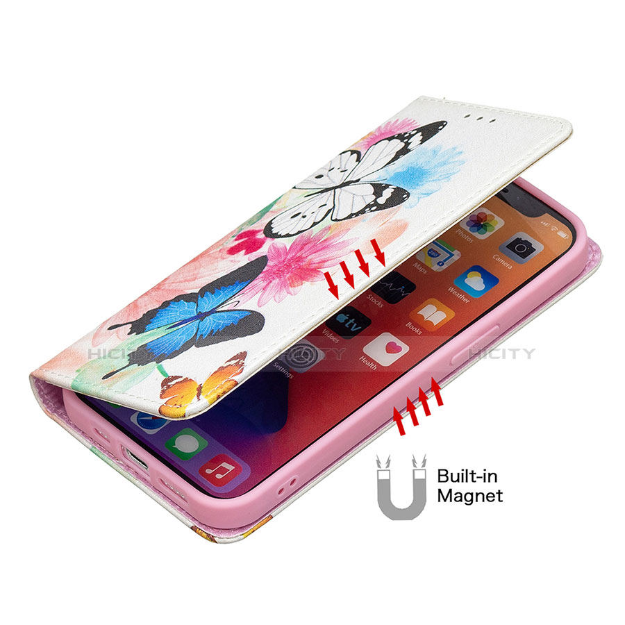 Coque Portefeuille Papillon Livre Cuir Etui Clapet L01 pour Apple iPhone 13 Pro Max Rose Plus