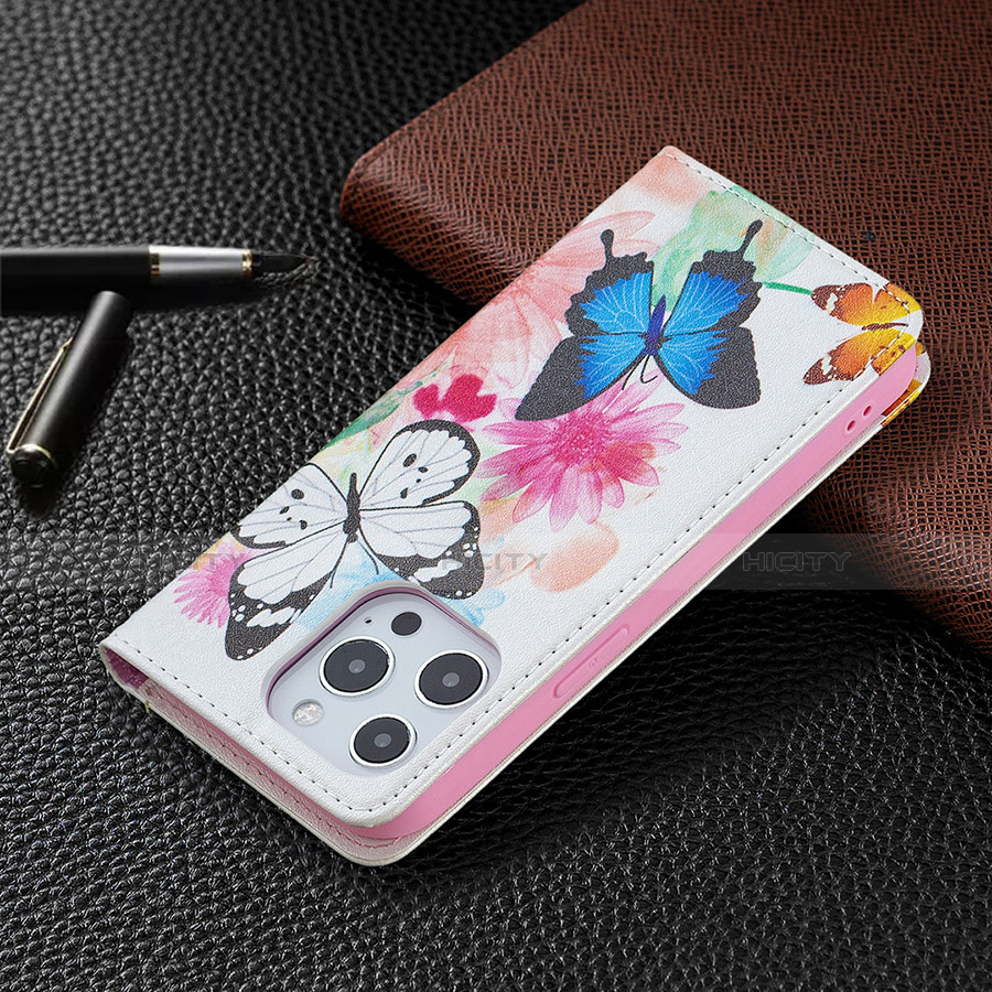 Coque Portefeuille Papillon Livre Cuir Etui Clapet L01 pour Apple iPhone 13 Pro Max Rose Plus